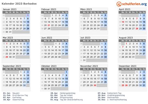Kalender 2023 Barbados Mit Feiertagen