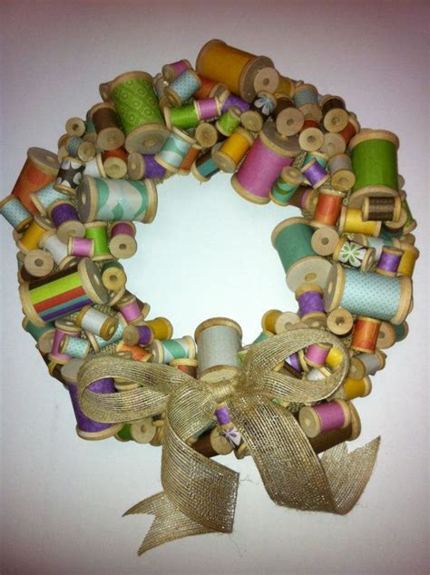 Colorful Wooden Spool Wreath With Burlap Bow Spool Crafts Wooden