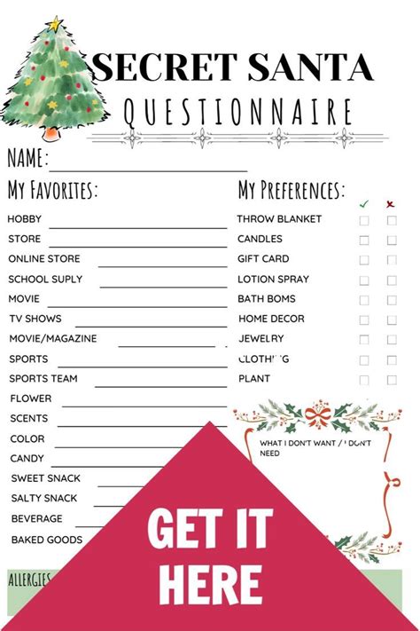 Printable Secret Santa Questionnaire For Christmas Gift Etsy Secret