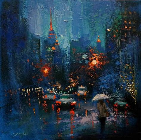 Blue Rain And The City Painting City Painting Large Canvas Painting