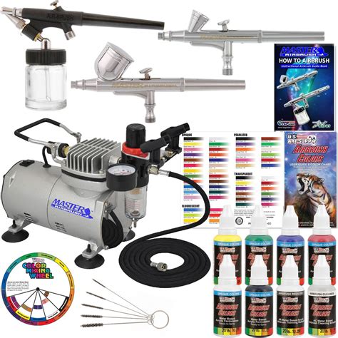 New 3 Airbrush Kit 6 Primary Colors Air Compressor Dual Action Color
