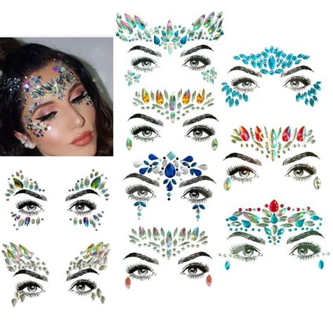 9 Sets Face Jewels Tattoo Stickers Rhinestone Rave Party Face Gems
