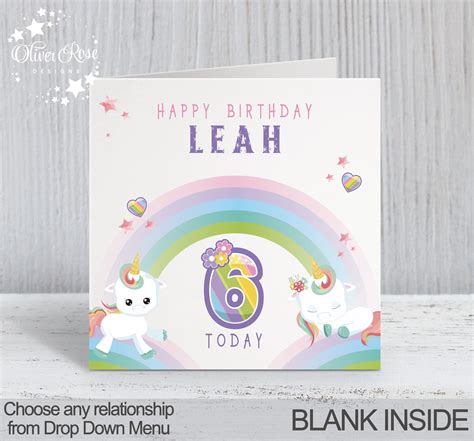 6th Birthday Card Age 6 Girls Personalised Rainbow Unicorn Etsy Uk