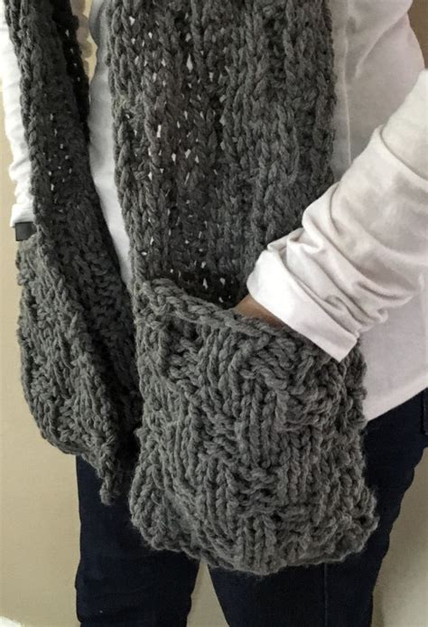 Long Scarf With Pockets Hand Knit Scarf With Pockets Chunky Etsy