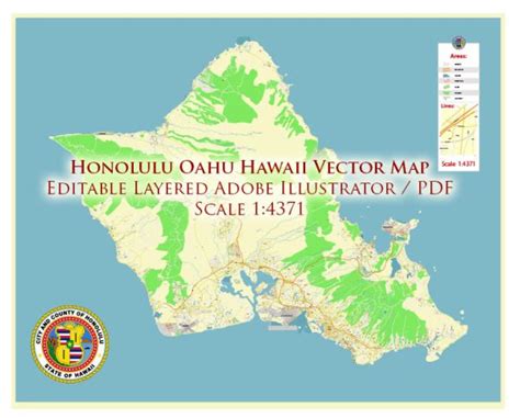 Honolulu Oahu Hawaii Us Map Vector City Plan Low Detailed For Small