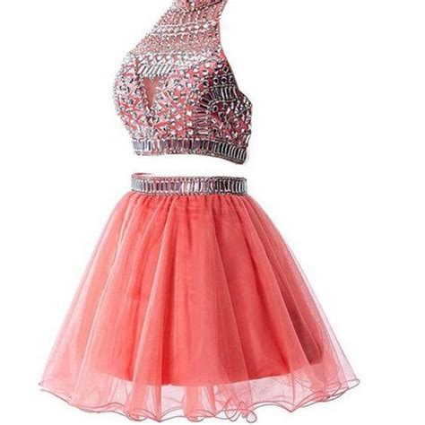 2016 Watermelon Two Pieces Homecoming Dressbackless Short Prom Dress