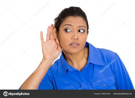 Portrait Nosy Woman Hand Ear Gesture Listening Gossip Conversation
