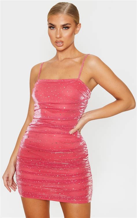 Pink Sparkle Ruched Mesh Strappy Bodycon Dress Prettylittlething Usa