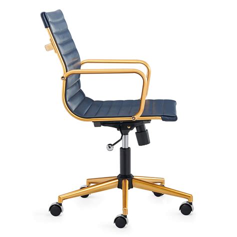 Luxmod® Mid Back Gold Office Chair In Blue Leather Adjustable Swivel