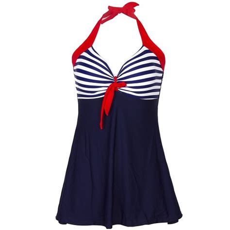 Vintage Sailor Straps Halter Pin Up Swimsuit One Piece Skirtini Cover