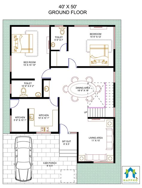 Floor Plan For 40 X 50 Feet Plot 4 Bhk 2000 Square Feet222 Sq Yards