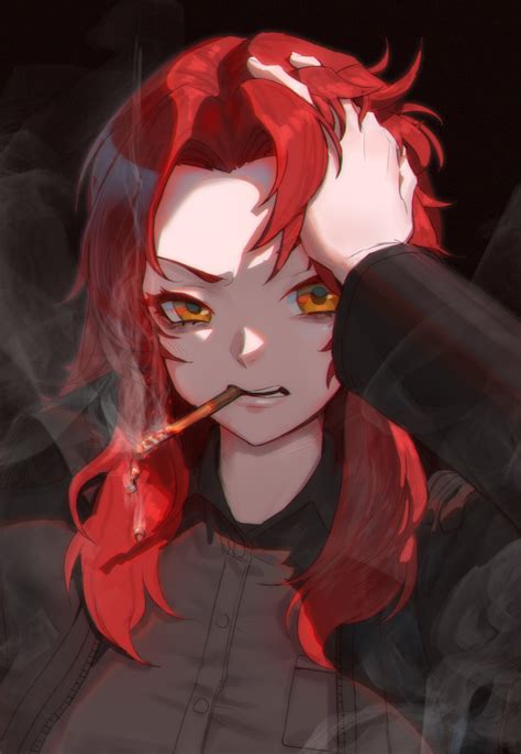 Safebooru 1girl Absurdres Black Jacket Black Shirt Cigarette Collared Shirt Commentary Hand Up