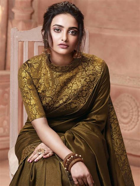 Olive Green Satin Silk Plain Saree With Woven Border Designer Blouse Patterns Trendy Blouse