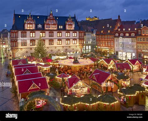 Christmas Market With Town House In Coburg Bavaria Germany Stock