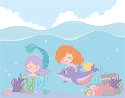Mermaids With Dolphin Reef Coral Cartoon Under The Sea Stock Vector