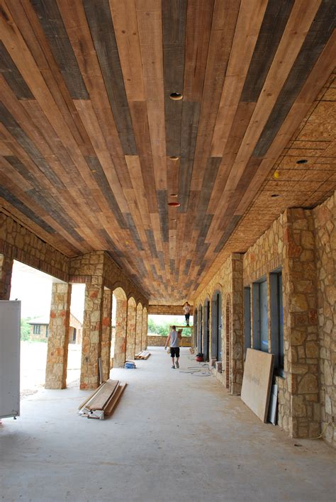 Have you noticed the trend towards stained wood ceilings, both rustic and refined, with and without beams? Distressed, Rustic, Outdoor, Wood Plank Ceiling | Outdoor ...