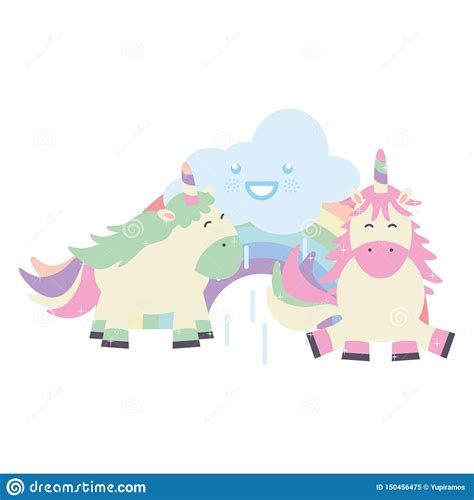 Cute Adorable Unicorns With Clouds And Rainbow Kawaii Stock Vector