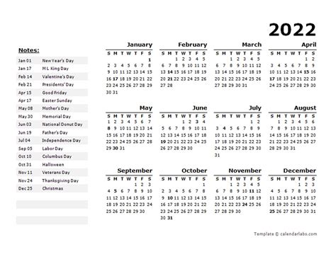 2022 Year Calendar Word Template With Holidays Free Printable Templates