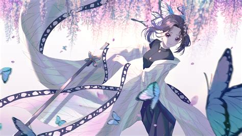 Demon Slayer Shinobu Kochou With Sword With Background Of Purple