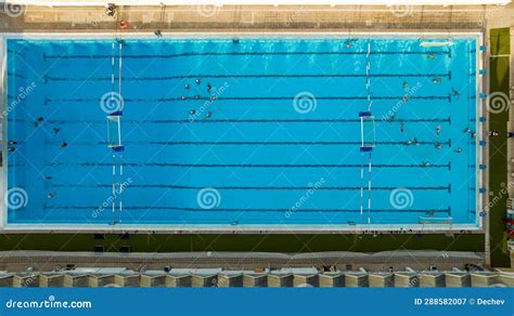 Top Down View Of Public Swimming Pool Water Polo Team Practicing