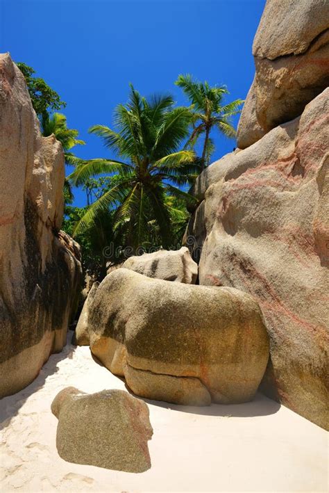 Tropical Beach With Big Granite Boulders On Coco Island Indian Ocean