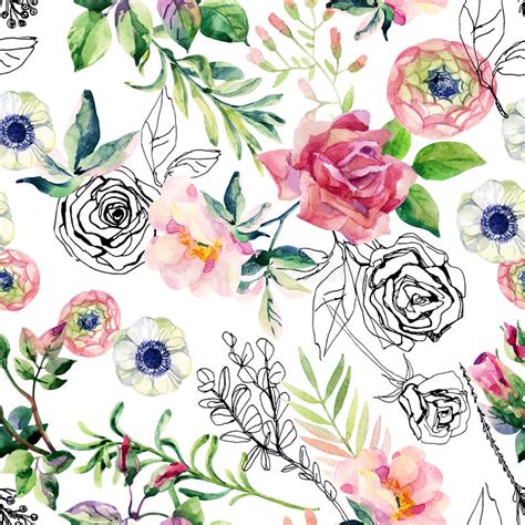 Watercolor And Ink Doodle Flowers Leaves Weeds Seamless Pattern