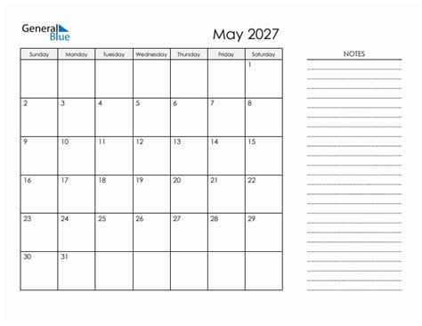 Printable Monthly Calendar With Notes May 2027