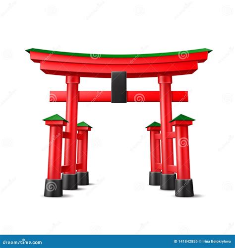 Japanese Torii Gate With Trees Silhouette And Sun Symbol Of Japan
