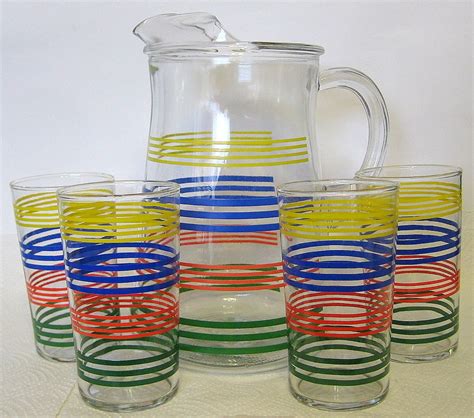 Vintage Rainbow Striped Pitcher And Glasses Set Vintage Glass Pitchers Vintage Glassware Pyrex
