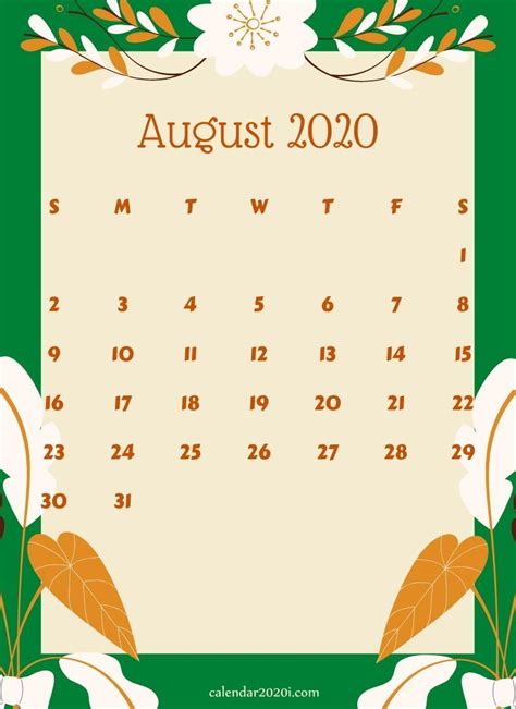 August Floral Calendar 2020 Printable Background With Beautiful Flowers