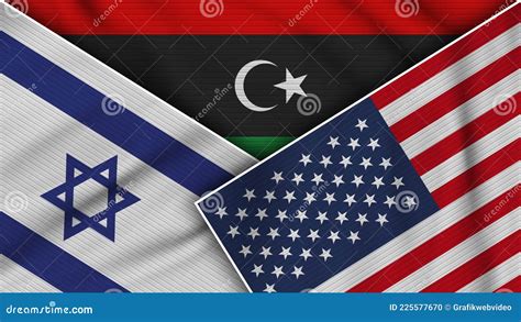 Libya United States Of America Israel Flags Together Fabric Texture