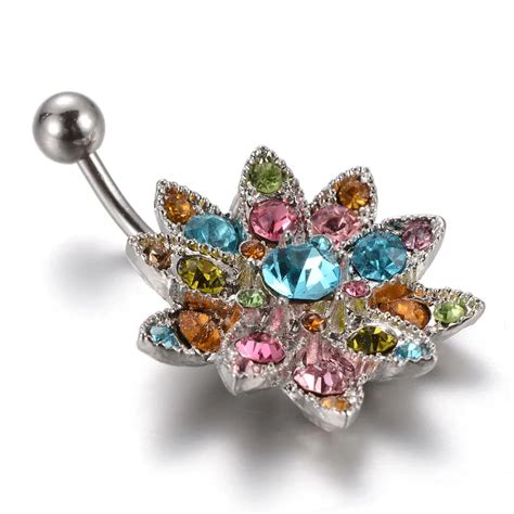 Pcs Stainless Steel Navel Button Ring Flower Colorful Crystal