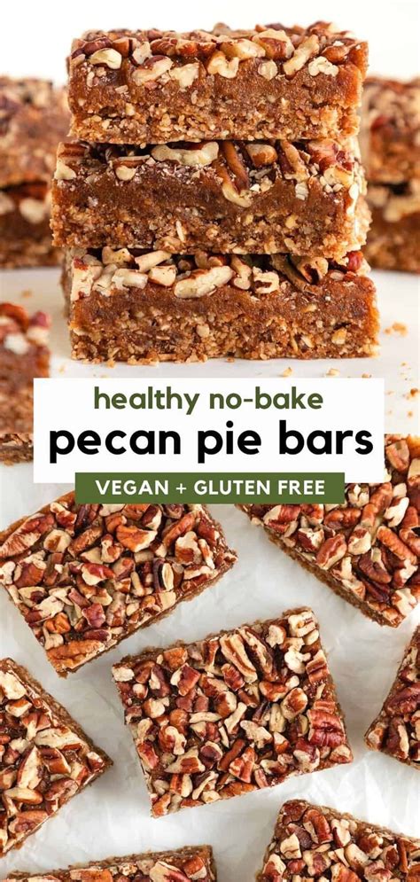 No Bake Pecan Pie Bars Stacked On Top Of Each Other With Text Overlay