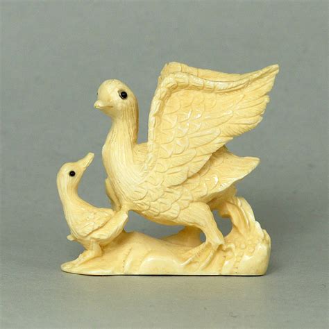 2 Swans Mammoth Ivory Netsuke Handcrafted Animal Carving N3942