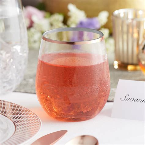 Gold Visions 12 Oz Clear Plastic Stemless Wine Glass With Rose Gold Rim 16 Pack