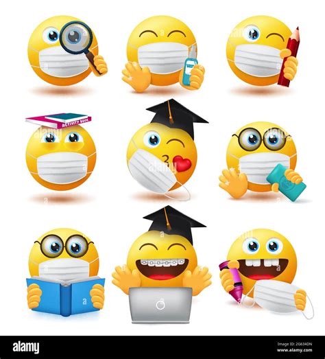 Smiley Covid 19 Students Vector Set Emojis Student Characters Wearing