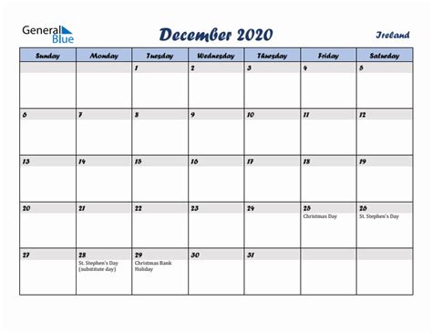 December 2020 Monthly Calendar With Ireland Holidays