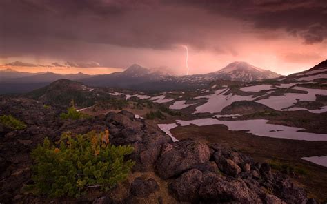 Landscape Nature Mountain Lightning Oregon Snow Sunset Clouds Snowy