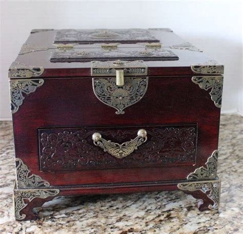 Large Antique Vintage Asian Hand Carved Wood Jewelry Box W Etsy
