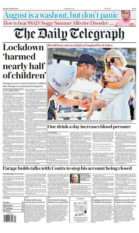 Daily Telegraph Front Page St Of August Tomorrow S Papers Today