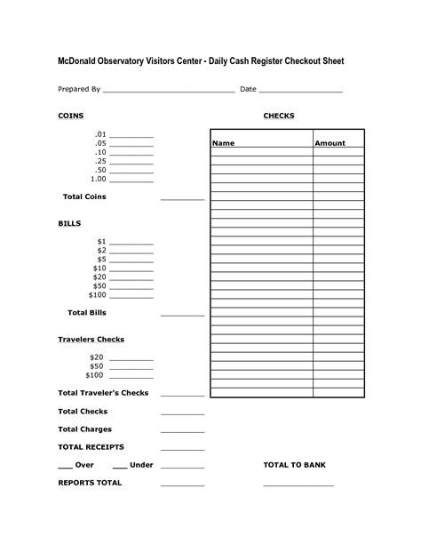 Beginning cash on hand, total daily sales, cash paid out, total should be, actual cash count, over/under. free printable cash drawer count sheet - PrintAll