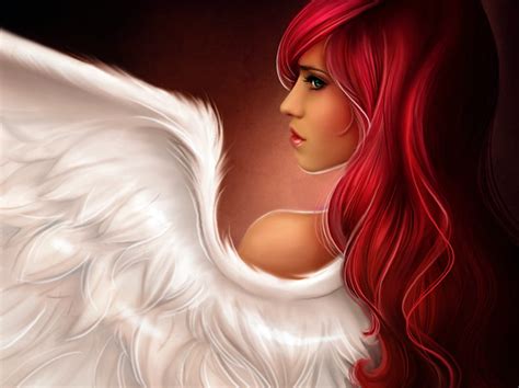 Angel With Red Hair And White Wings Illustration Hd Wallpaper