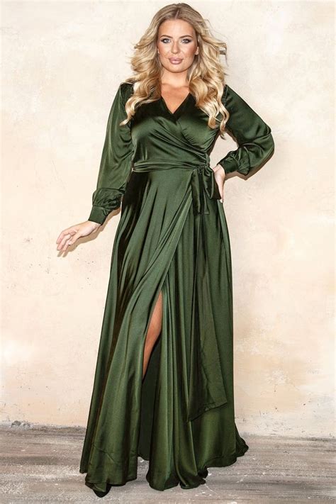 Olive Green Silk Maxi Wrap Dress Plus Size Bridesmaid Satin Etsy In