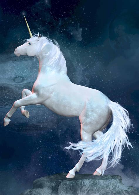 White unicorn on a rock 3D illustration poster