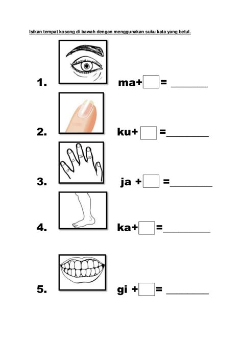 Latihan ini dimaksudkan untuk melatih koordinasi antara mata, ingatan, dan jemari anak ketika menulis sehingga anak dapat mengingat bentuk kata atau bentuk huruf dalam benaknya dan memindahkannya ke. Latihan Suku Kata KVKV
