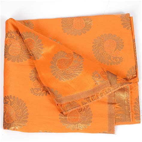 Buy Orange And Golden Paisley Design Two Tone Pure Banarasi Silk Fabric