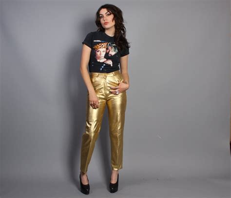 80s Gold Leather Pants Fitted High Waist Metallic Moto