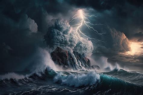 Massive Storm Brewing In The Ocean With Towering Waves And Lightning