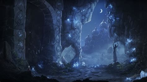 Download 2560x1440 Cave Moon Statue Knight Rocks Ancient Castle