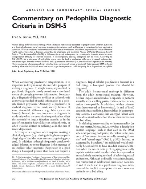 Pdf Commentary On Pedophilia Diagnostic Criteria In Dsm 5